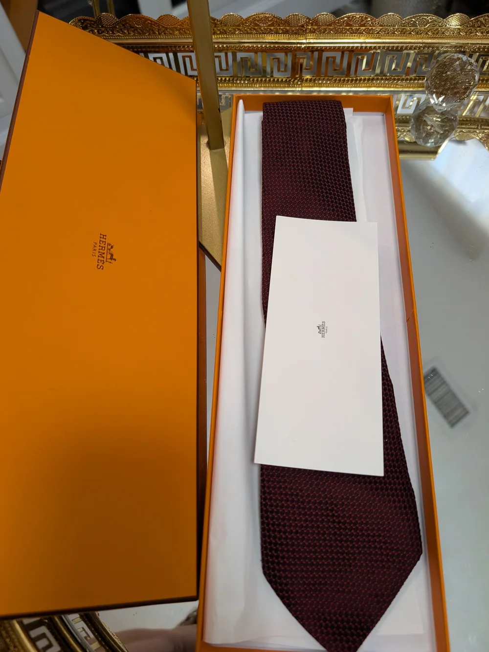 Hermes Men's Deep Burgundy Textured Silk Tie